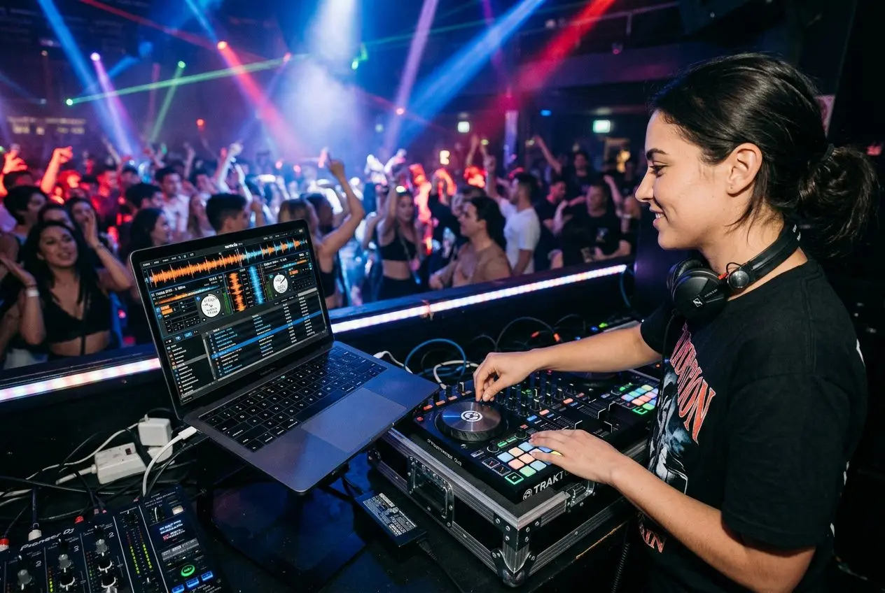 DJ en action dans une soirée, mixant sur contrôleurs et laptop, avec un public enthousiaste en arrière-plan. meilleur contrôleur dj pour débuter intégré naturellement.