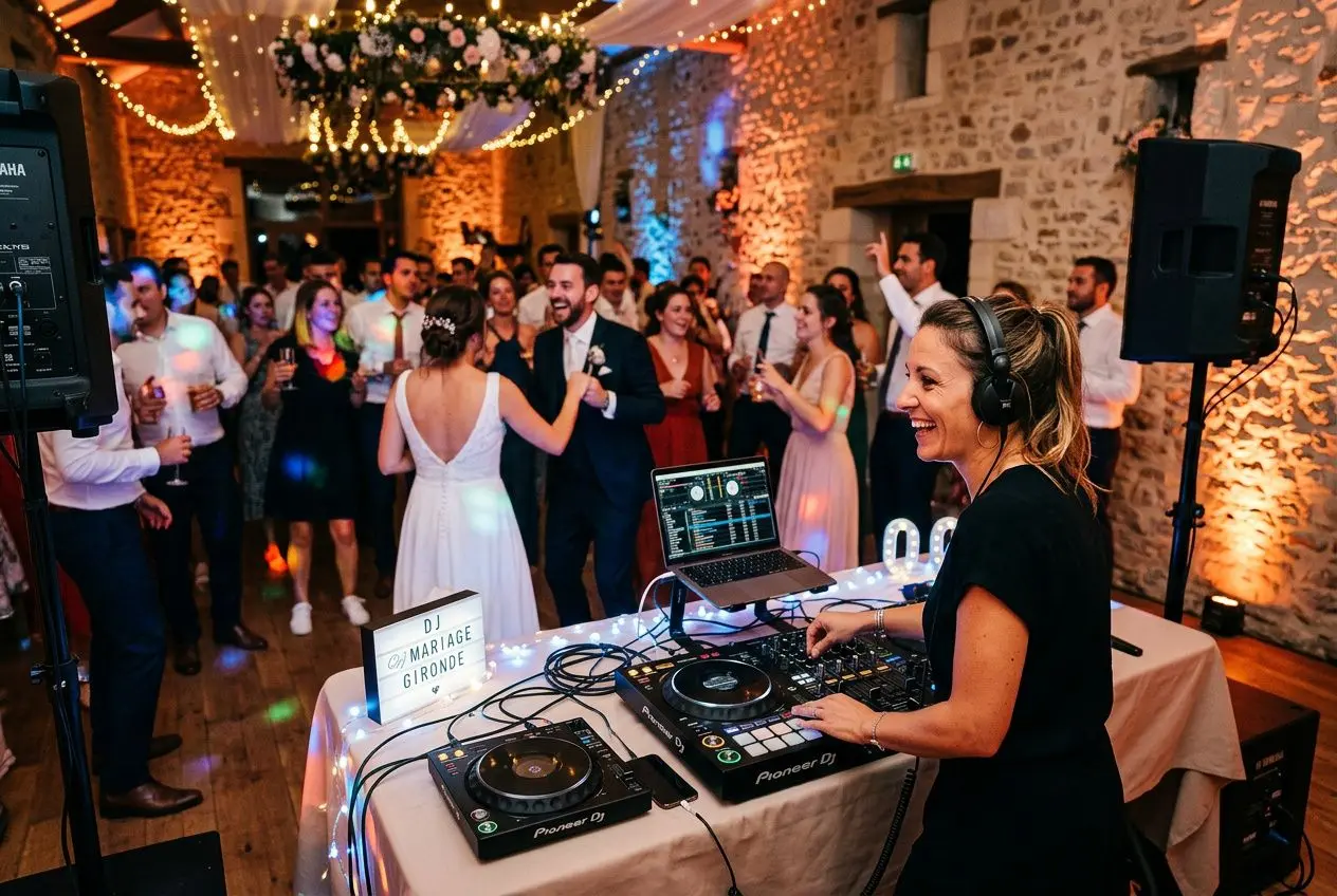 DJ mariage Bordeaux : ambiance festive avec DJ sur matériel Pioneer près d’un mur de pierres et invités dansants en Gironde, dj mariage bordeaux gironde.