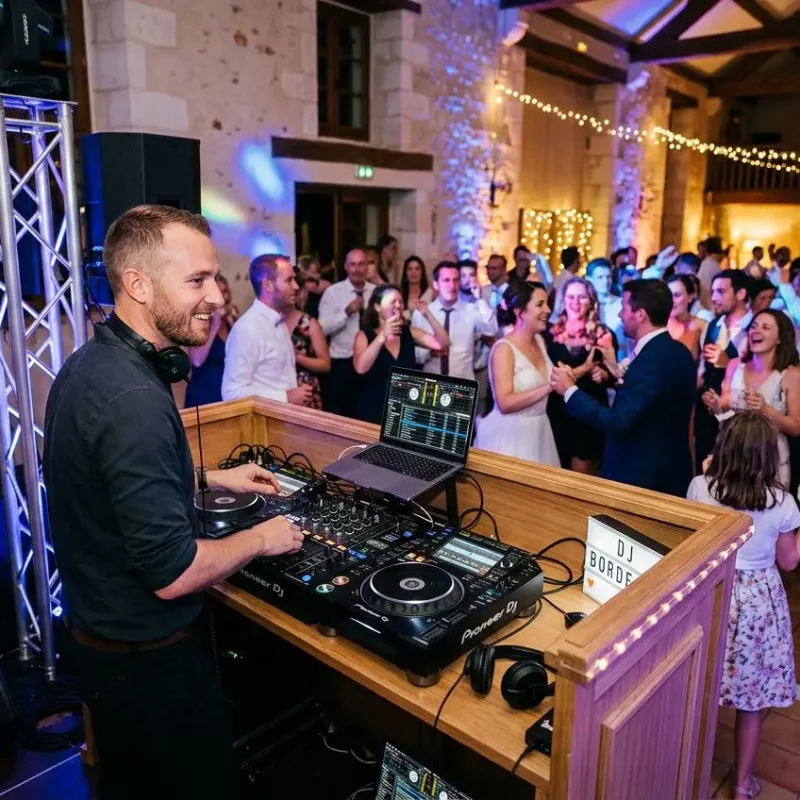 DJ mariage Bordeaux : animation clé en main en Gironde, DJ en action devant une foule festive dans une salle décorée.
