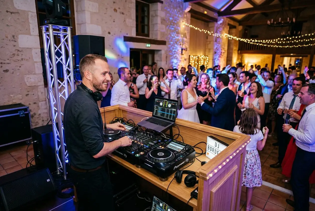 DJ mariage Bordeaux : animation clé en main en Gironde, DJ en action devant une foule festive dans une salle décorée.