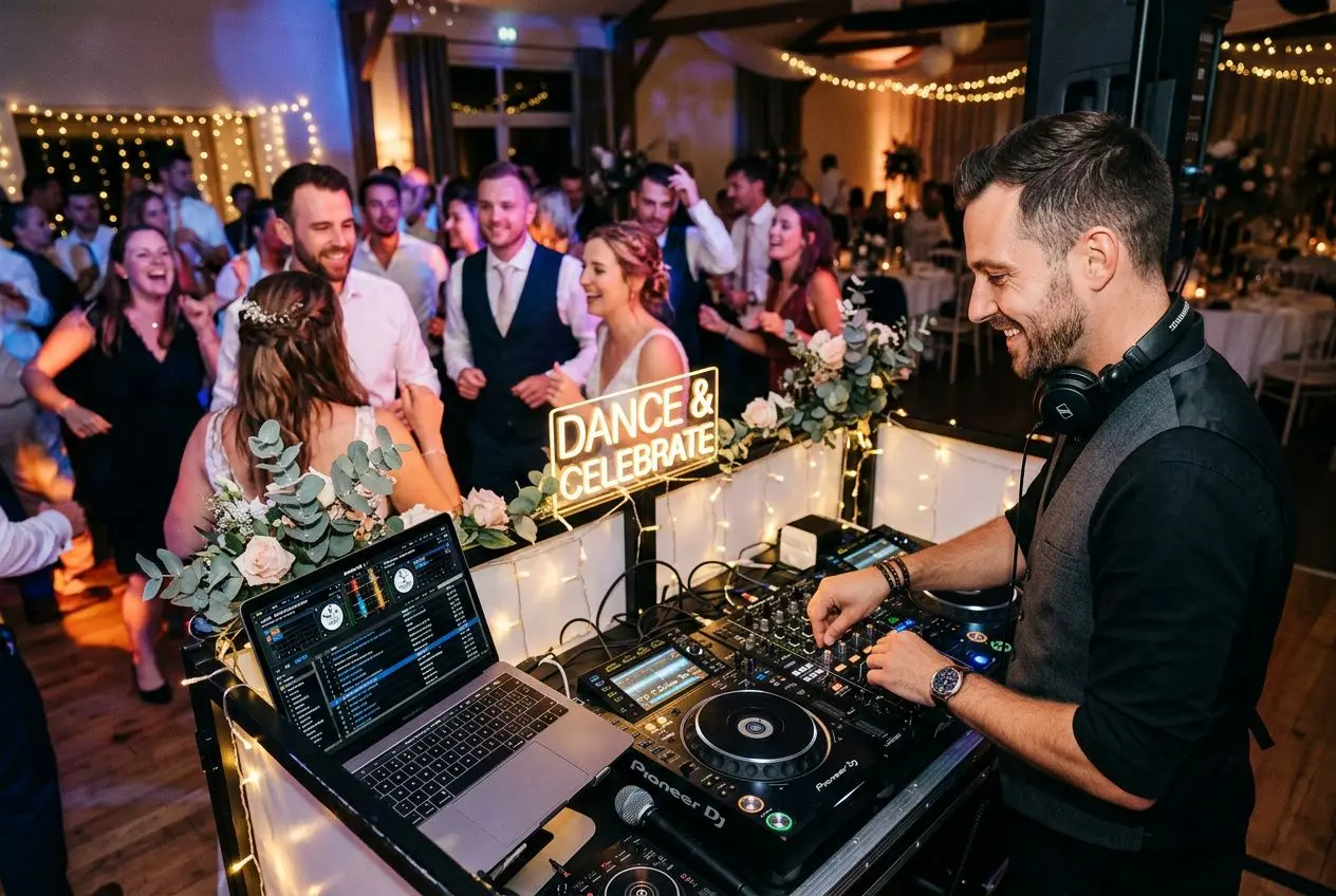 DJ mariage Bordeaux : animation clé en main en Gironde, DJ mariage bordeaux gironde mixant tables de mixage et ambiance festive lors d’un vin d’honneur.