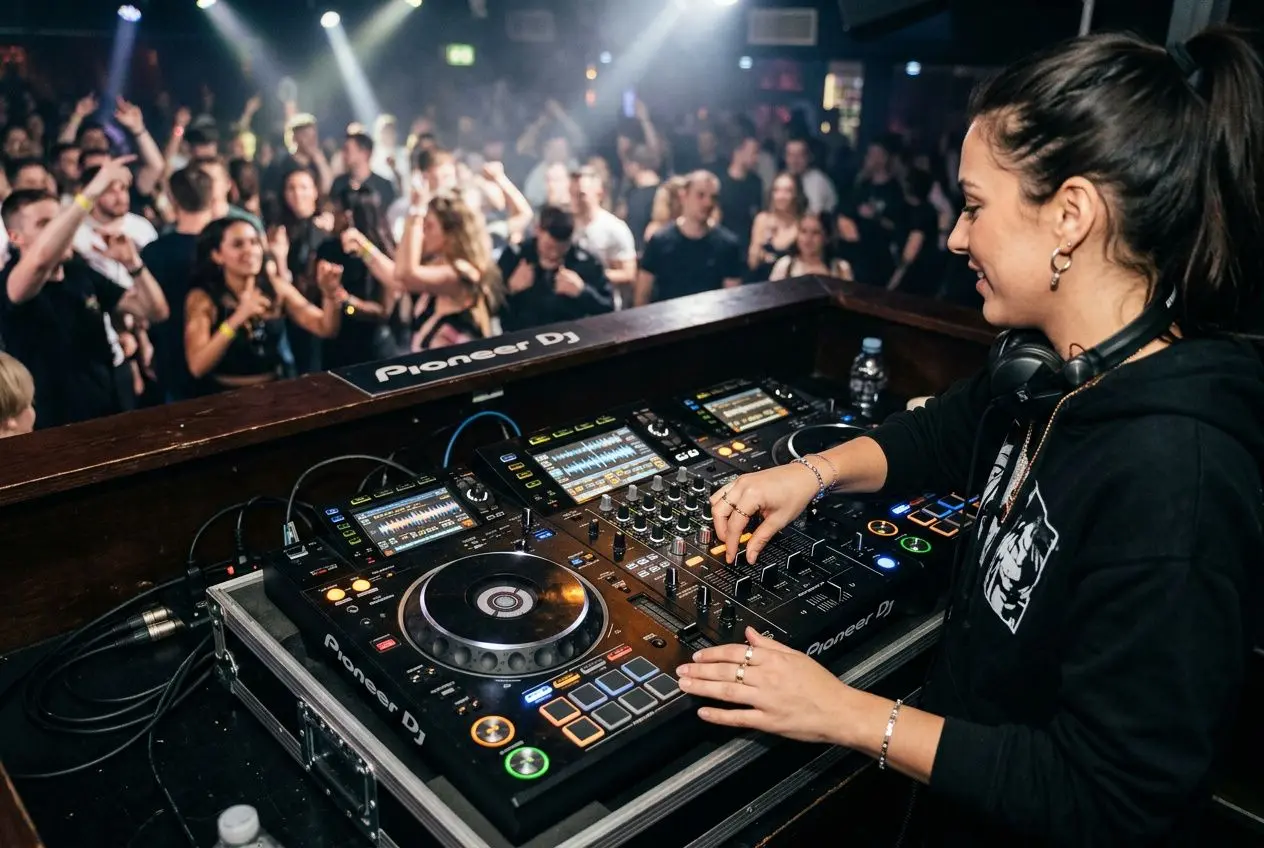 DJ mixant sur un contrôleur Pioneer DJ en club, publique enthousiaste en arrière-plan. meilleur contrôleur dj pour débuter intégré naturellement.