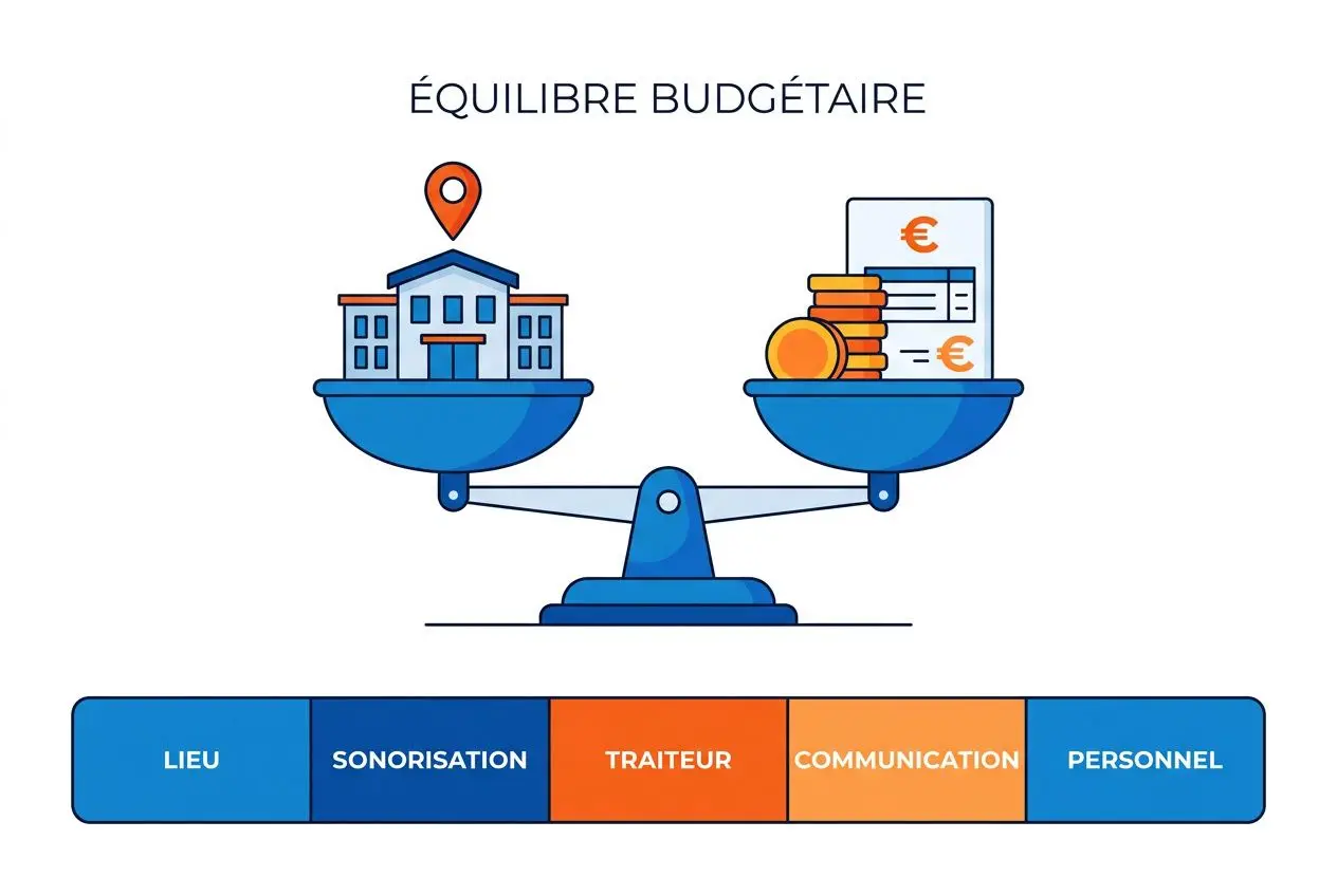 Équilibre budgétaire illustré : balance entre lieu et traiteur/communication, avec sections “Lieu, Sonorisation, Traiteur, Communication, Personnel” en bas.