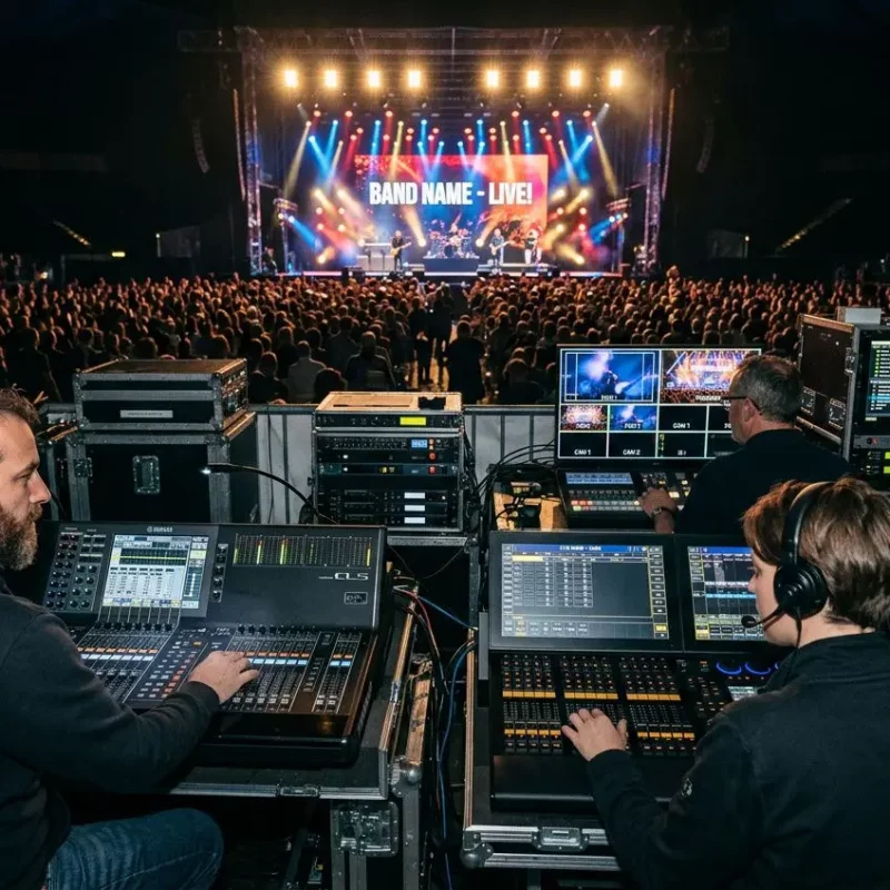 Équipe technique en régie événementielle au contrôle général des sons et lumières pendant un concert live. Qu'est-ce que la régie événementielle et le rôle du régisseur ?