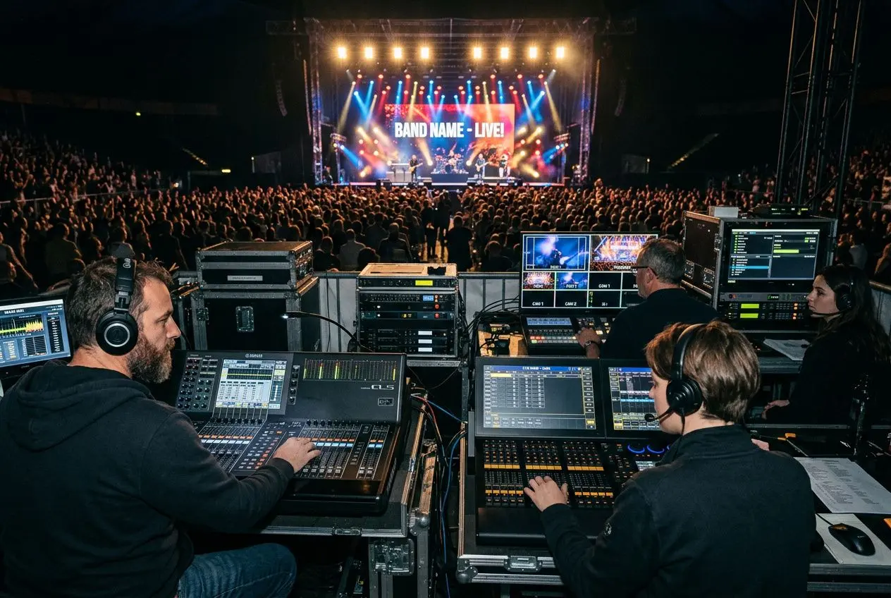 Équipe technique en régie événementielle au contrôle général des sons et lumières pendant un concert live. Qu'est-ce que la régie événementielle et le rôle du régisseur ?
