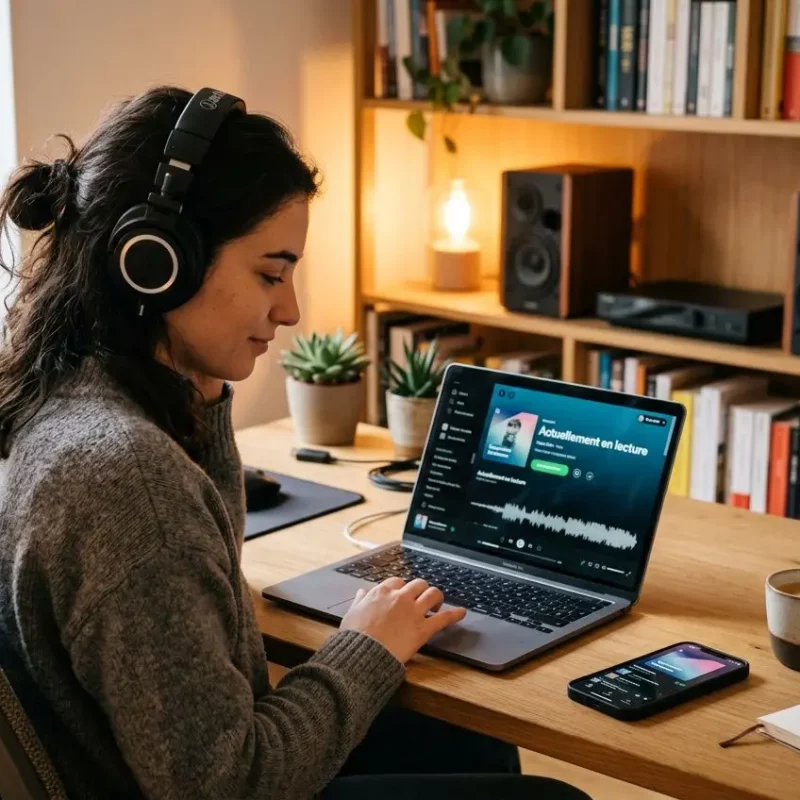 Femme écouteurs travaillant sur un ordinateur portable, avec casque, dans un bureau cosy, ambiance musique en ligne et lecture de playlist.