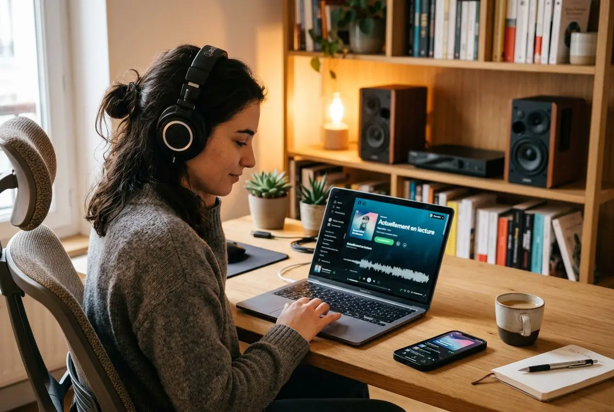 Femme écouteurs travaillant sur un ordinateur portable, avec casque, dans un bureau cosy, ambiance musique en ligne et lecture de playlist.