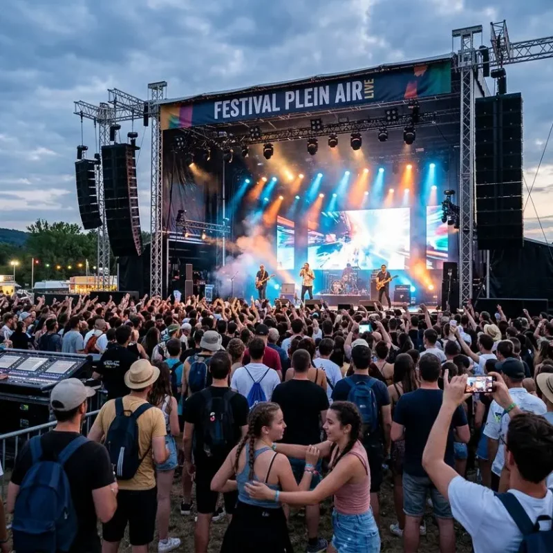 Grand public devant une scène extérieure au festival, avec lumière colorée et techniciens sur le côté, ambiance concert en plein air.