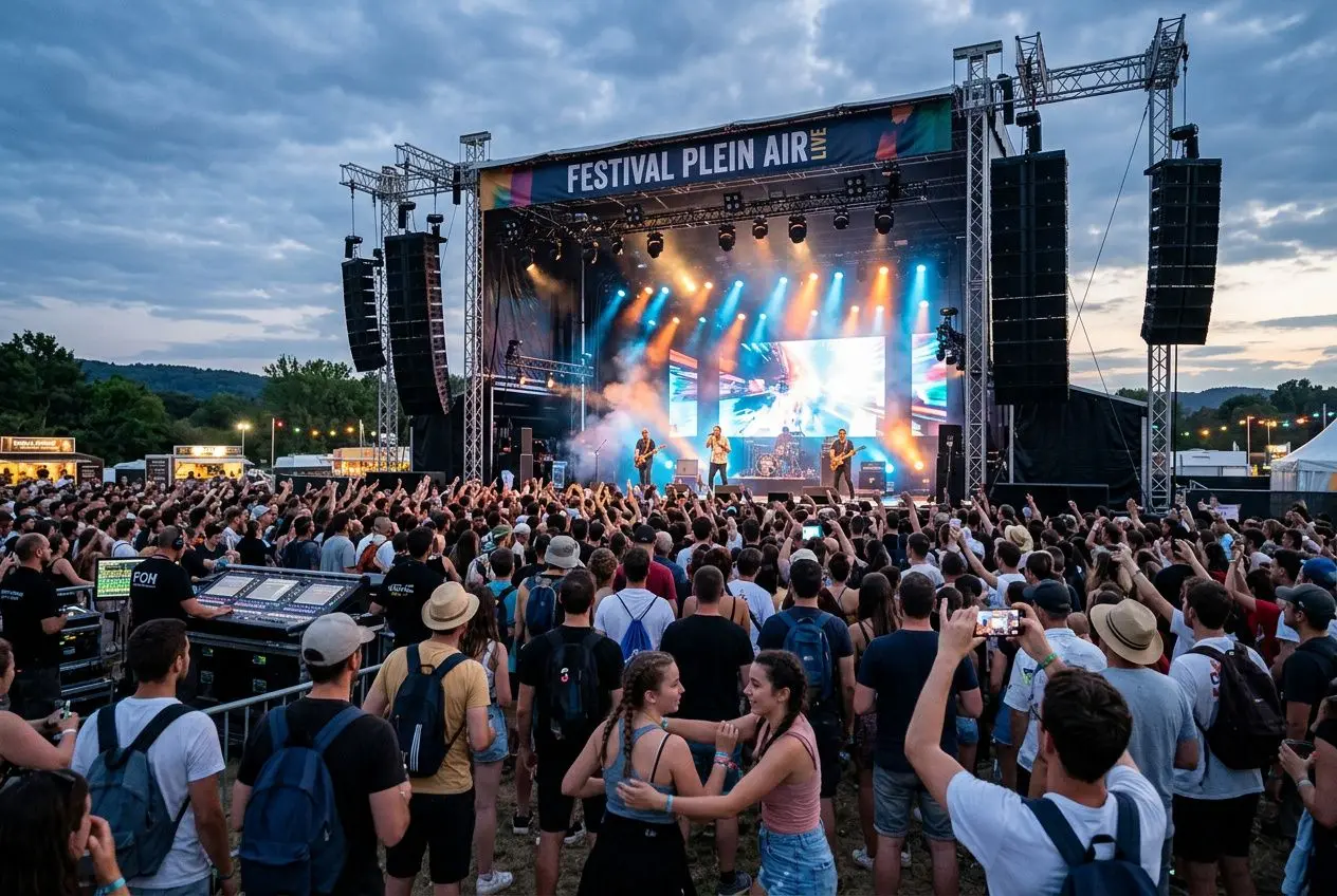 Grand public devant une scène extérieure au festival, avec lumière colorée et techniciens sur le côté, ambiance concert en plein air.
