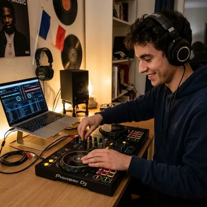 Homme DJ débutant mixant sur contrôleur Pioneer DJ, casque sur les oreilles, ordinateur portable et enceintes en home studio. Meilleur contrôleur DJ pour débuter mentionné.