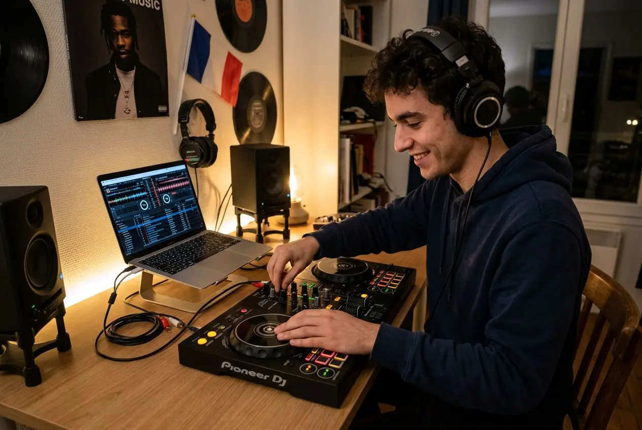 Homme DJ débutant mixant sur contrôleur Pioneer DJ, casque sur les oreilles, ordinateur portable et enceintes en home studio. Meilleur contrôleur DJ pour débuter mentionné.