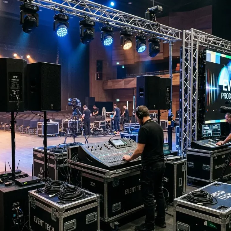 Plateau technique avec console audio, éclairage scénique et câbles, prêt pour un pack complet sono éclairage vidéo lors d’un événement.