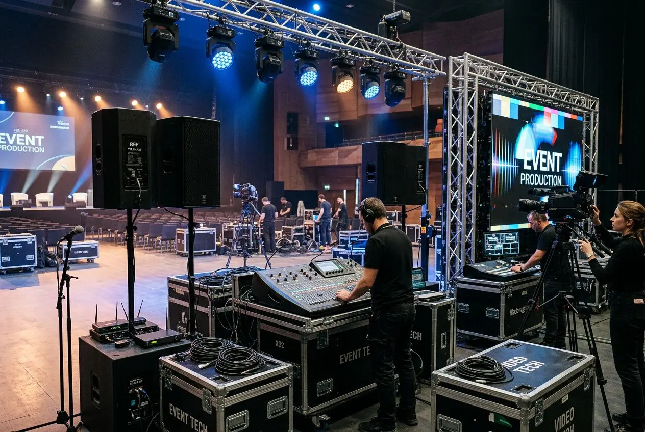 Plateau technique avec console audio, éclairage scénique et câbles, prêt pour un pack complet sono éclairage vidéo lors d’un événement.