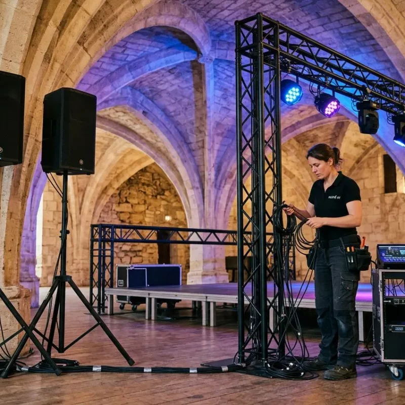 Prestataire technique audiovisuel Bordeaux sur site événementiel, avec sono, éclairage et matériel vidéo dans une structure architecturale.