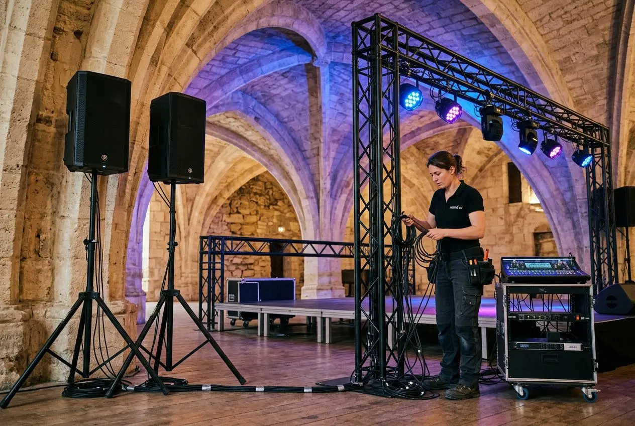 Prestataire technique audiovisuel Bordeaux sur site événementiel, avec sono, éclairage et matériel vidéo dans une structure architecturale.