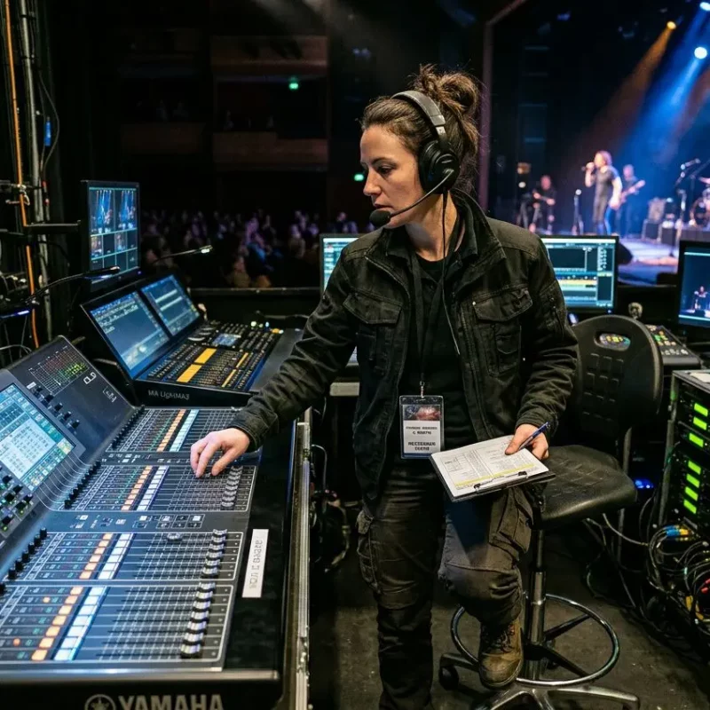 Régisseuse technique au mixage en salle de concert, contrôlant la console audio avec casque et carnet, ambiance scène lumineuse. formation régisseur technique