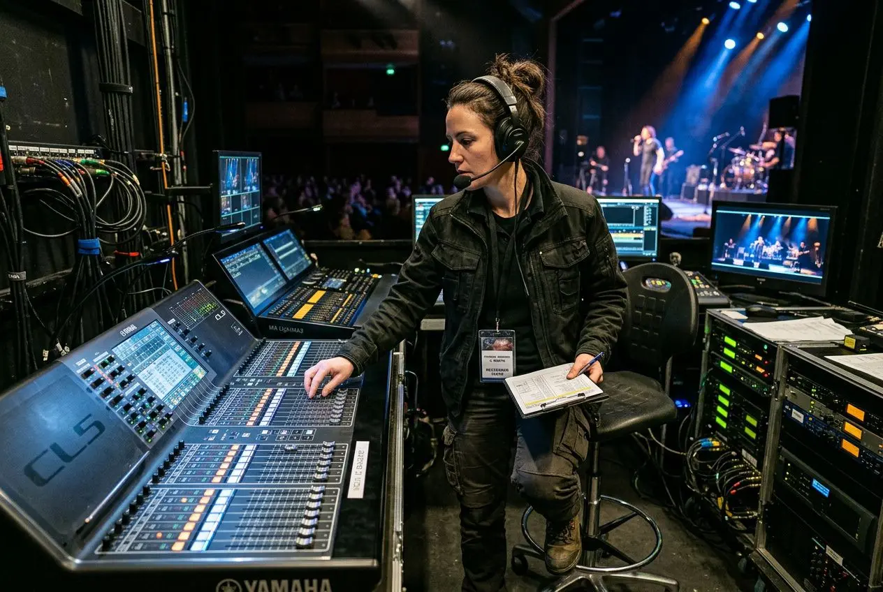 Régisseuse technique au mixage en salle de concert, contrôlant la console audio avec casque et carnet, ambiance scène lumineuse. formation régisseur technique
