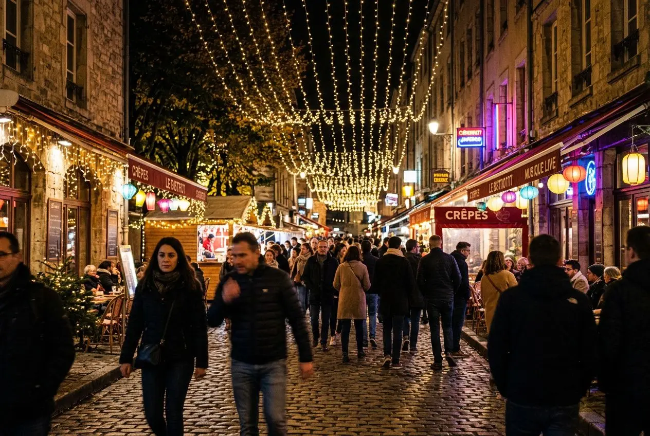Rues pavées éclairées par des guirlandes lumineuses, ambiance festive d’événement en extérieur avec stands et passants. idées d'éclairage créatives pour les événements