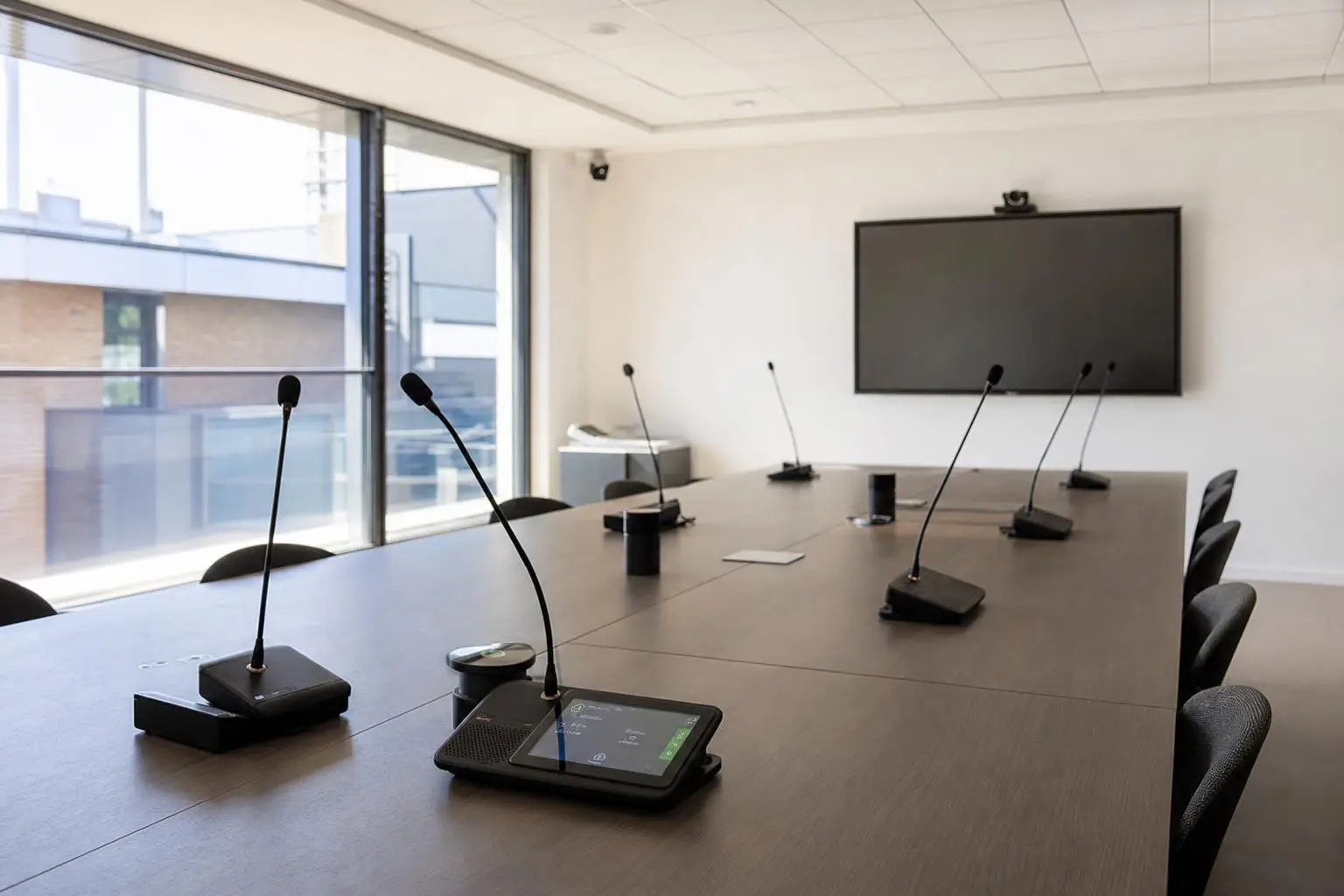 Salle de conférence équipée de micros sur table et écran, prêt pour une réunion et une démonstration audio-visuelle. intégration: comment sonoriser une salle.