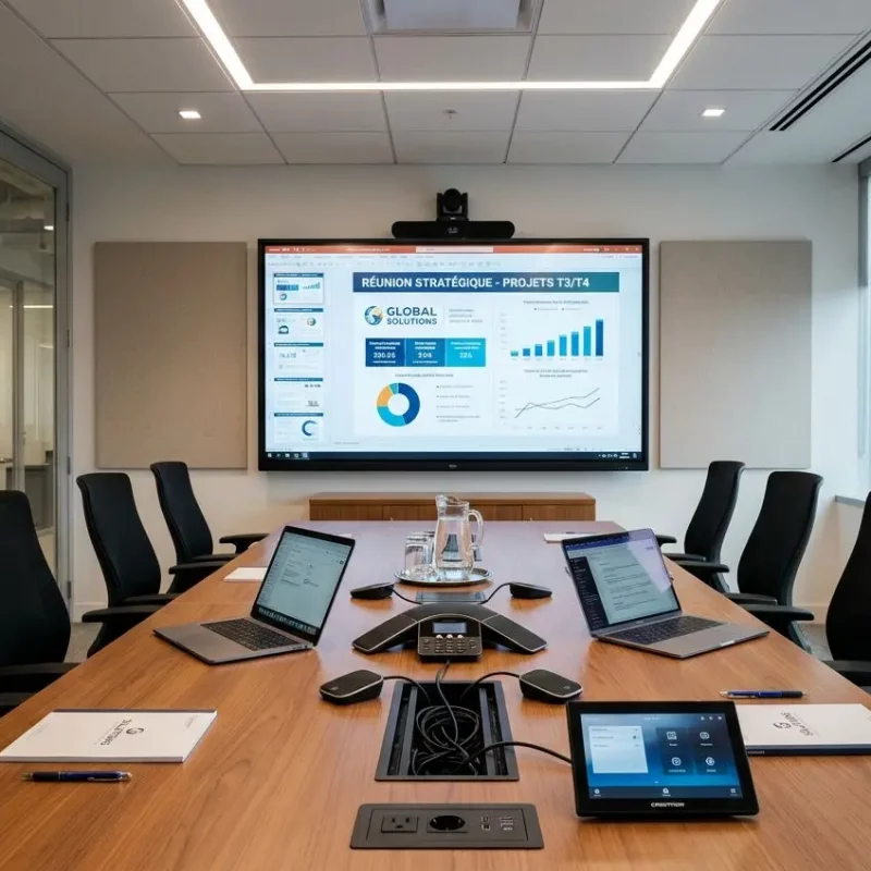 Salle de conférence moderne avec grand écran et vidéoconférence, postes laptops et équipements connectés autour d’une longue table. Éclairage néon, vue sur la ville. Équipement salle de conférence moderne intégré.