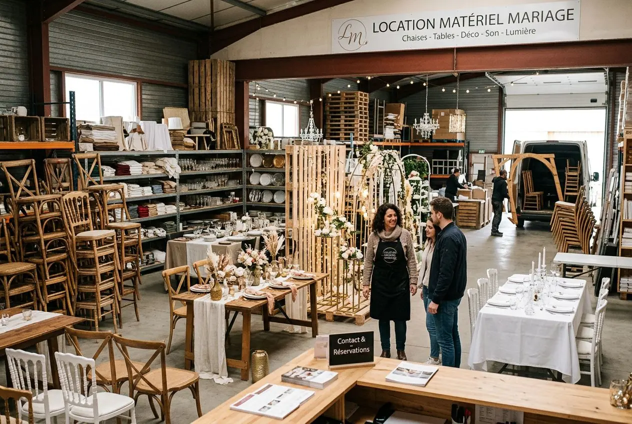 Salle de location de matériel mariage avec mobilier et décor, chaises et tables disposées, personnes consultant le showroom, ambiance zen et lumineuse.