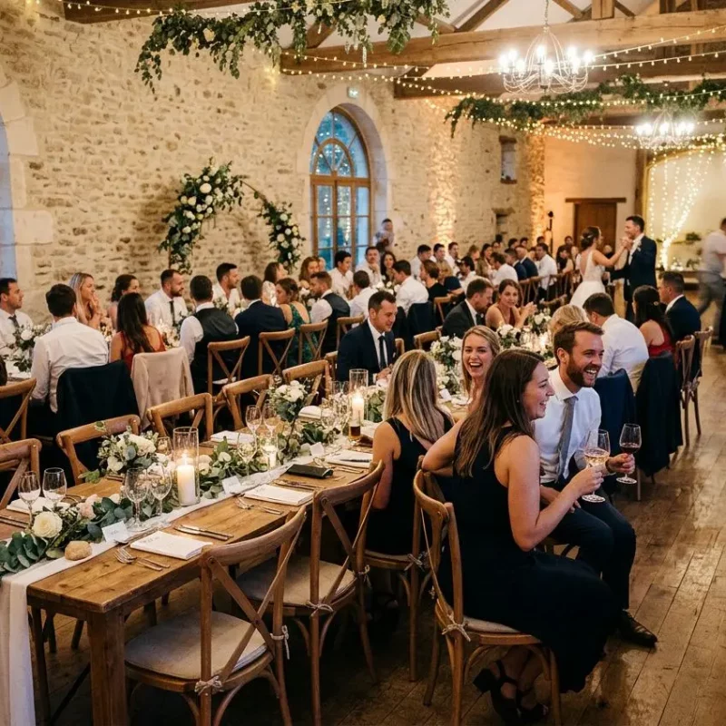 Salle de réception élégante avec tables longues, fleurs et guirlandes lumineuses lors d’un mariage, invités discutant et trinquant. intégrer matière mois: "comment choisir matériel mariage" naturellement.