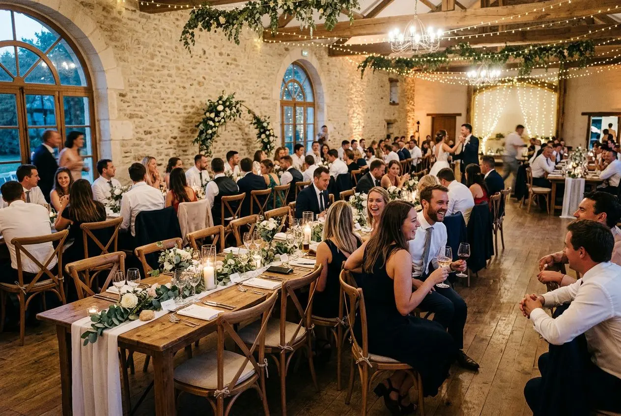 Salle de réception élégante avec tables longues, fleurs et guirlandes lumineuses lors d’un mariage, invités discutant et trinquant. intégrer matière mois: "comment choisir matériel mariage" naturellement.