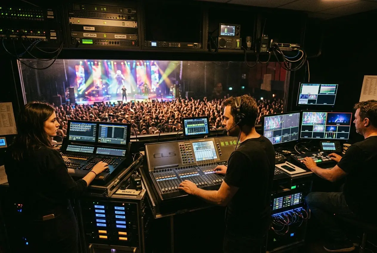 Salle de régie avec équipes techniques en action lors d’un spectacle, contrôleurs et consoles numériques en premier plan, public sur scène. Formation régisseur technique possible.