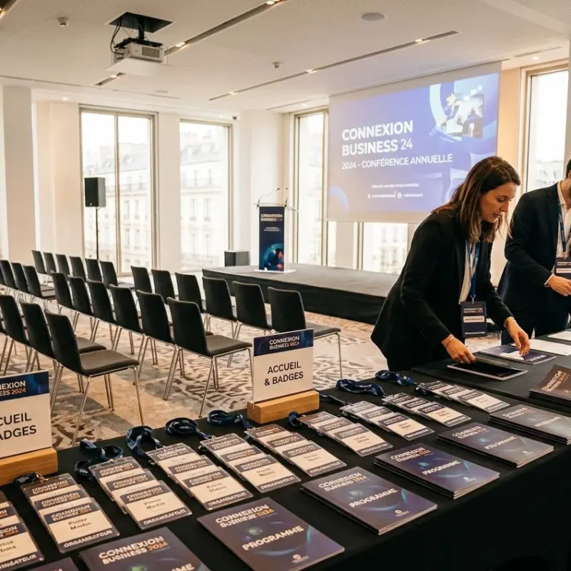 Salon d’événement professionnel avec accueil et badges, tables de programmes et signalétiques, prêts pour une conférence d’entreprise. conseils pour réussir un événement professionnel.