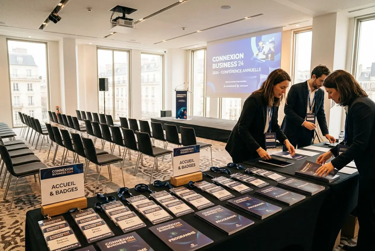 Salon d’événement professionnel avec accueil et badges, tables de programmes et signalétiques, prêts pour une conférence d’entreprise. conseils pour réussir un événement professionnel.