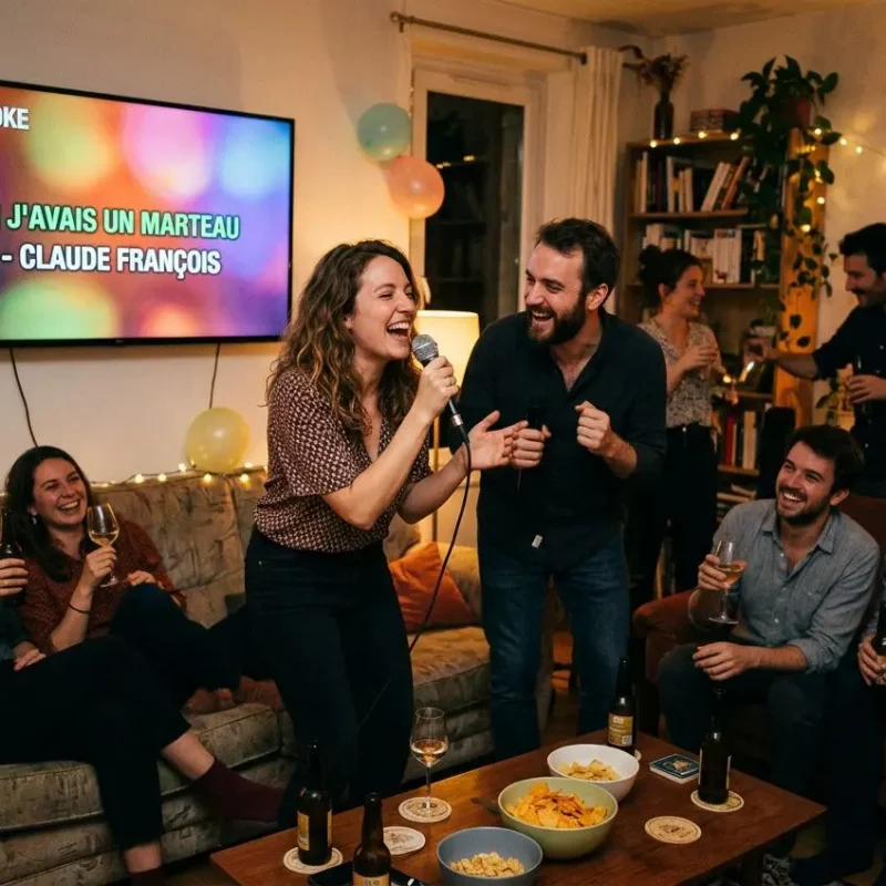 Scène de karaoké chez soi: une femme chante au microphone, entourée d’amis souriants, salon cosy avec télévision affichant les paroles.