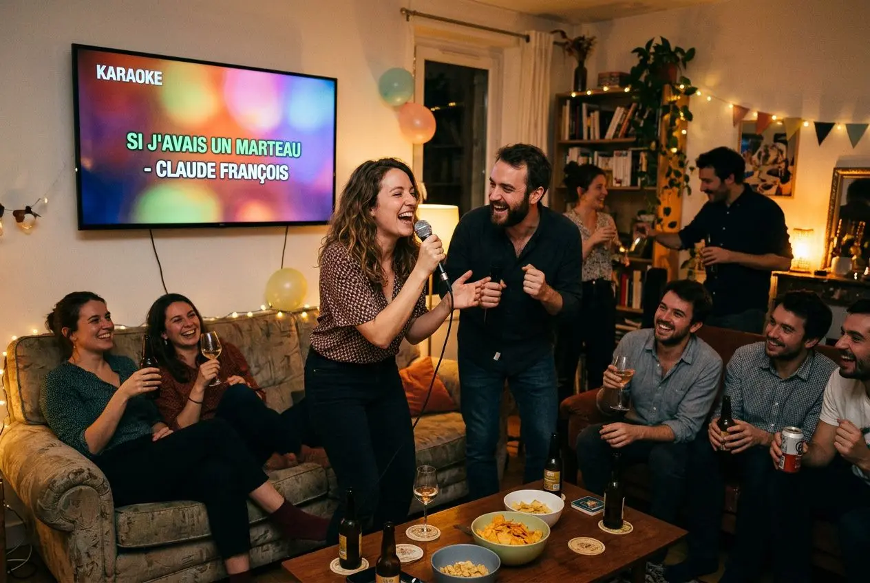 Scène de karaoké chez soi: une femme chante au microphone, entourée d’amis souriants, salon cosy avec télévision affichant les paroles.