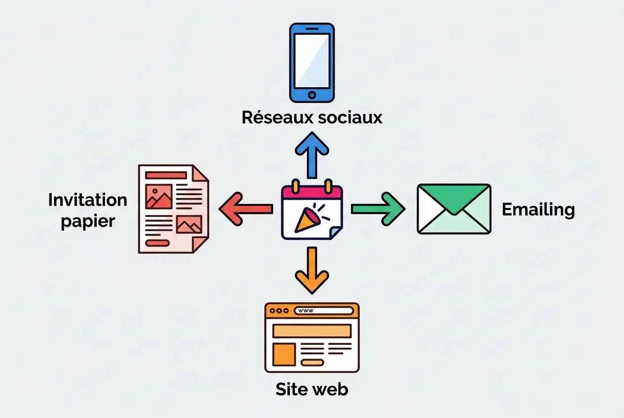 Schéma illustrant les canaux de promotion d’un événement: réseaux sociaux, emailing, invitation papier et site web. Inclut conseils pour réussir un événement professionnel.