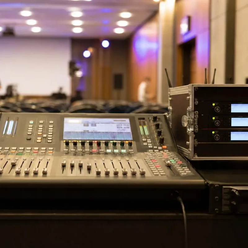 Table de mixage et matériel audio professionnel prêt pour une salle de conférence ou concert, prête à être utilisée. Comment sonoriser une salle.