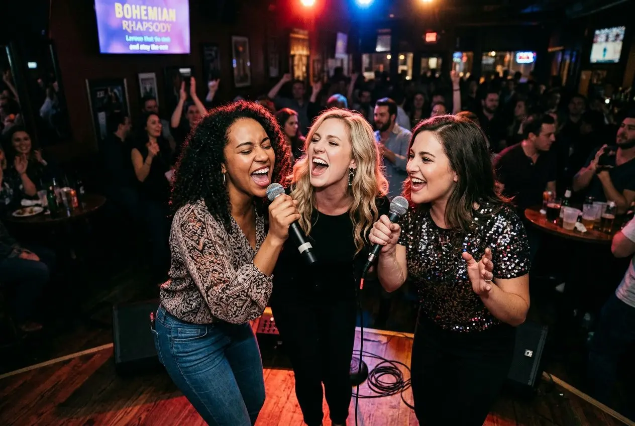 Trois femmes chantent en duo sur scène dans un bar, micro à la main, entourées d’un public qui les applaudit.