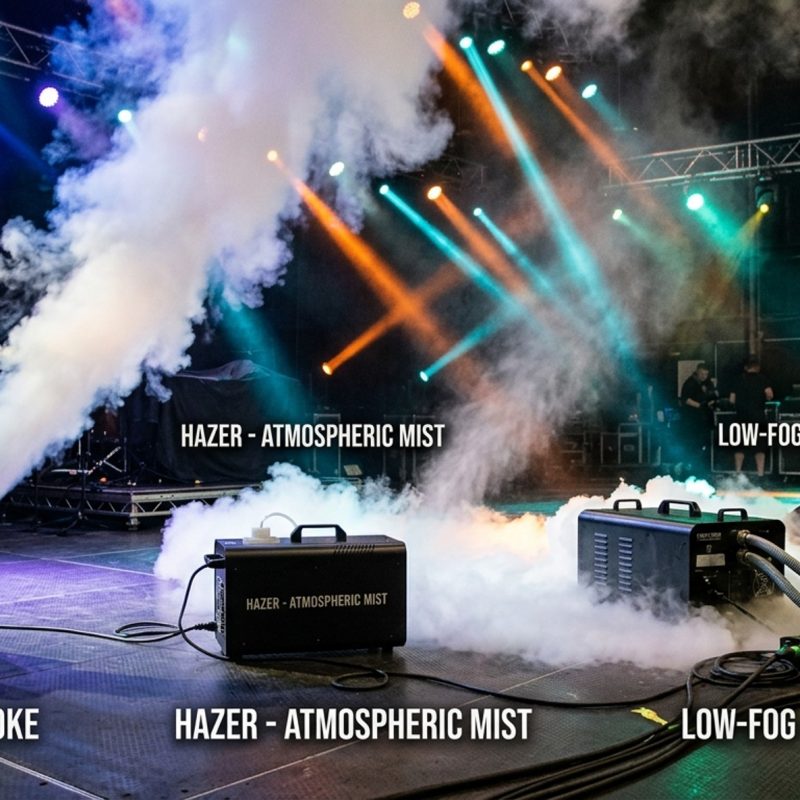 Trois machines à effets sur une scène de spectacle illustrant la différence entre un tir de fumée dense (fogger), une brume atmosphérique fine (hazer) et une fumée lourde stagnante au sol (low-fog), sous des projecteurs colorés.