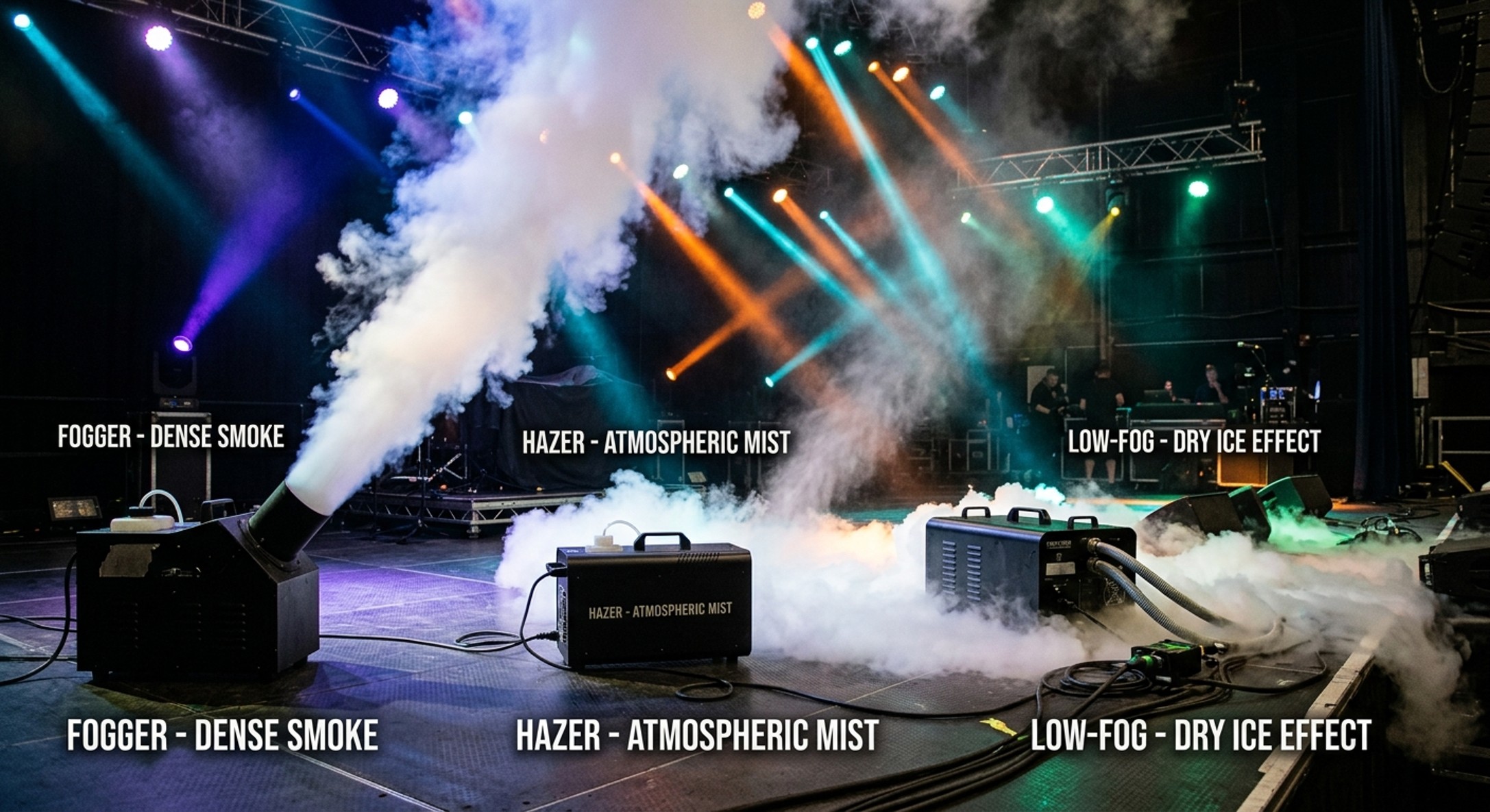 Trois machines à effets sur une scène de spectacle illustrant la différence entre un tir de fumée dense (fogger), une brume atmosphérique fine (hazer) et une fumée lourde stagnante au sol (low-fog), sous des projecteurs colorés.