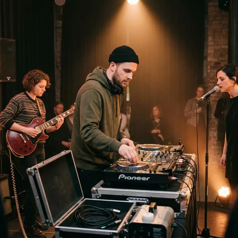 Animateur DJ et guitariste en arrière-plan pendant une animation musicale soirée privée, avec lumière chaude et micro, ambiance festive.
