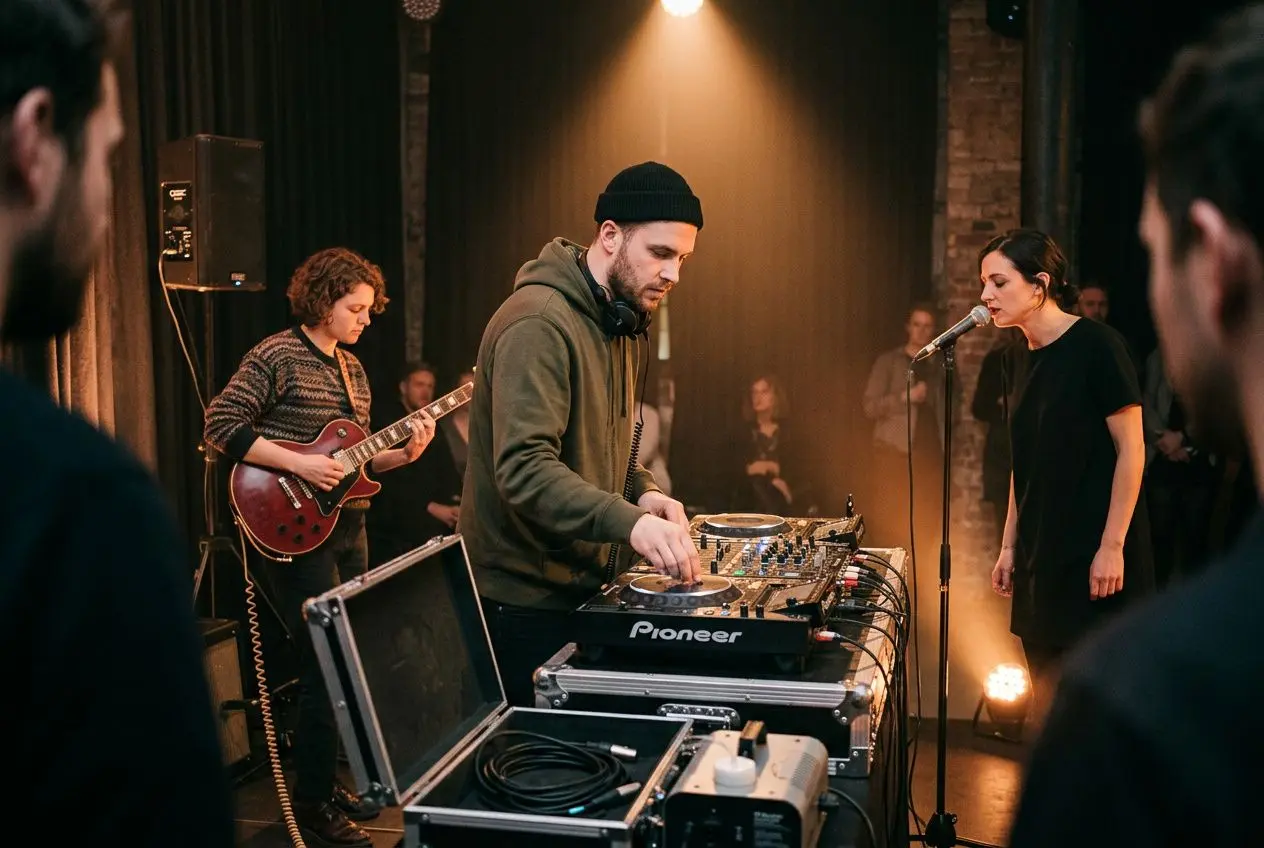 Animateur DJ et guitariste en arrière-plan pendant une animation musicale soirée privée, avec lumière chaude et micro, ambiance festive.