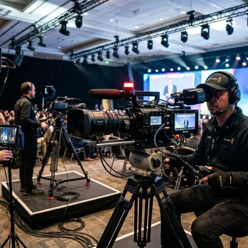 Caméra professionnelle et équipe en salle de conférence pour un événement, avec éclairage et matériel vidéo professionnel événement sur plateau.