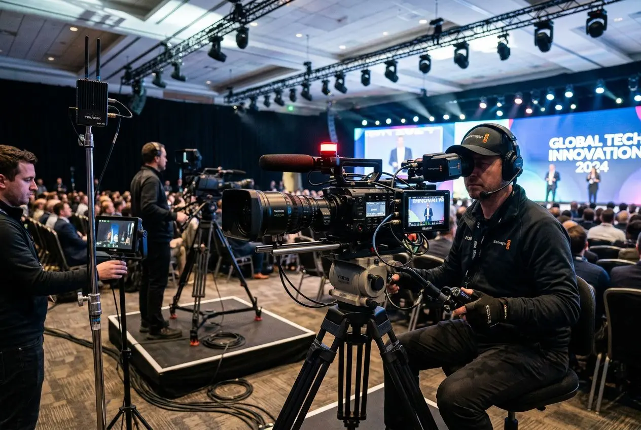 Caméra professionnelle et équipe en salle de conférence pour un événement, avec éclairage et matériel vidéo professionnel événement sur plateau.