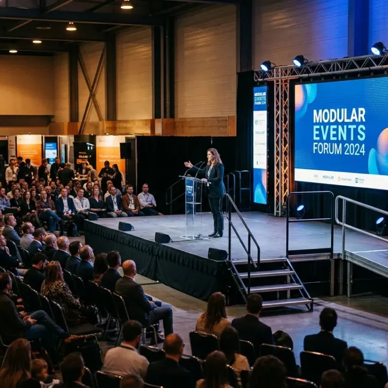 Conférence sur une estrade surélevée avec podium et micro, face à un grand auditoire lors d’un salon modular events. Qu'est-ce qu'une estrade est illustré.