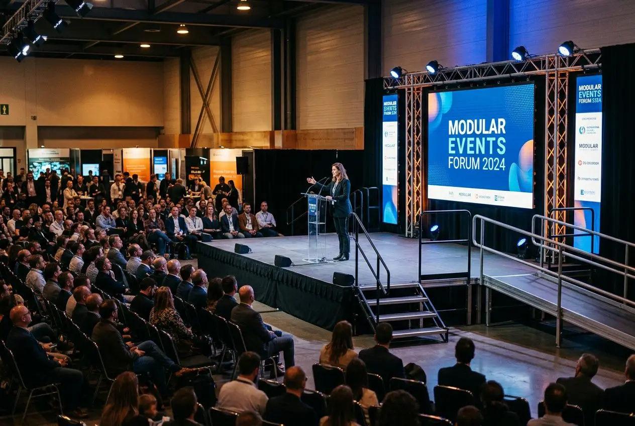 Conférence sur une estrade surélevée avec podium et micro, face à un grand auditoire lors d’un salon modular events. Qu'est-ce qu'une estrade est illustré.