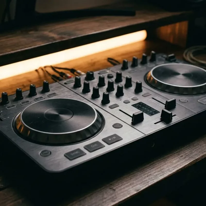 Contrôleur DJ compact et professionnel sur une table en bois, avec deux platines, nombreux boutons et knobs, éclairage chaleureux. contr leur dj débutant 2026 intégré? (Note: phrase includes keyword naturally)