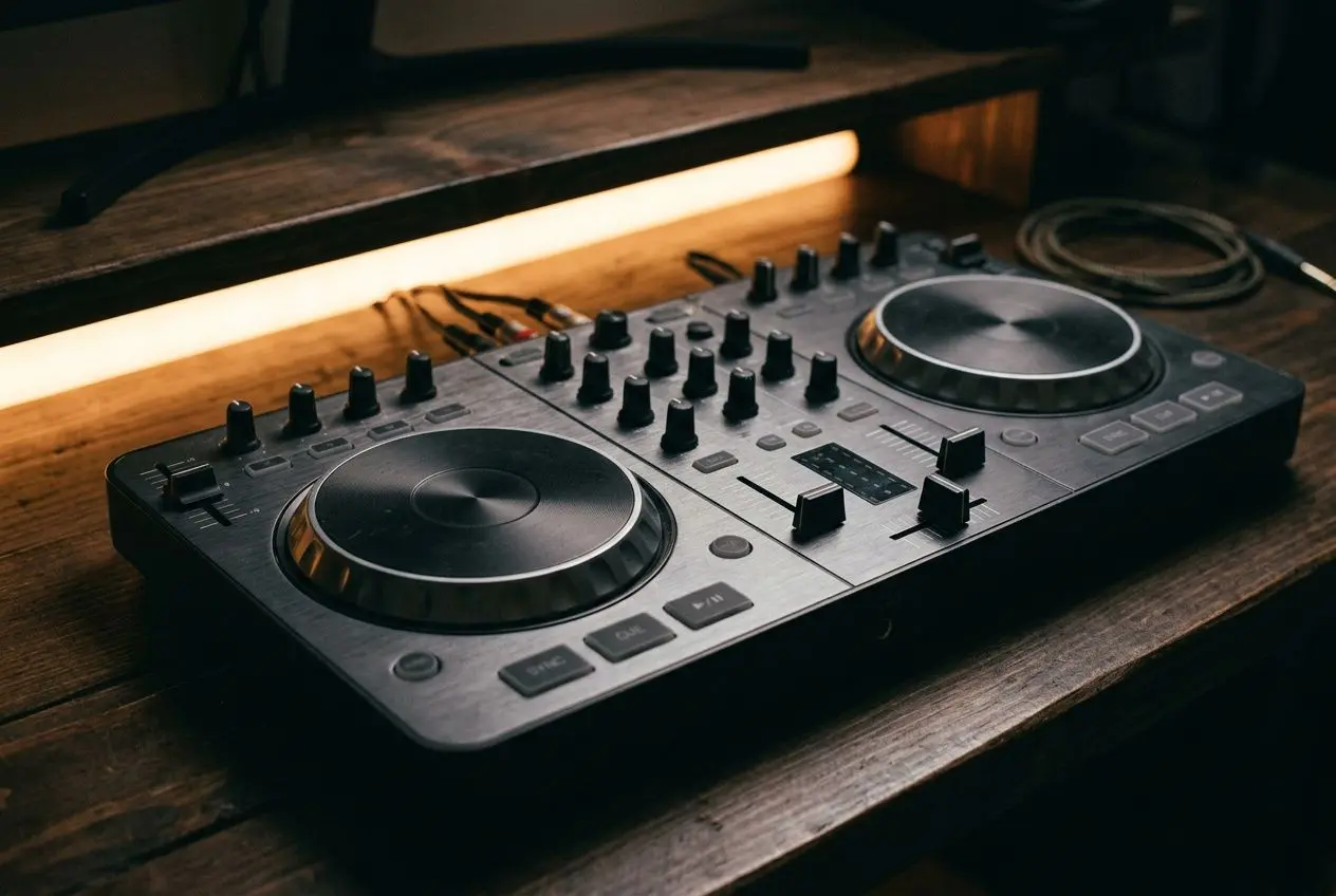 Contrôleur DJ compact et professionnel sur une table en bois, avec deux platines, nombreux boutons et knobs, éclairage chaleureux. contr leur dj débutant 2026 intégré? (Note: phrase includes keyword naturally)