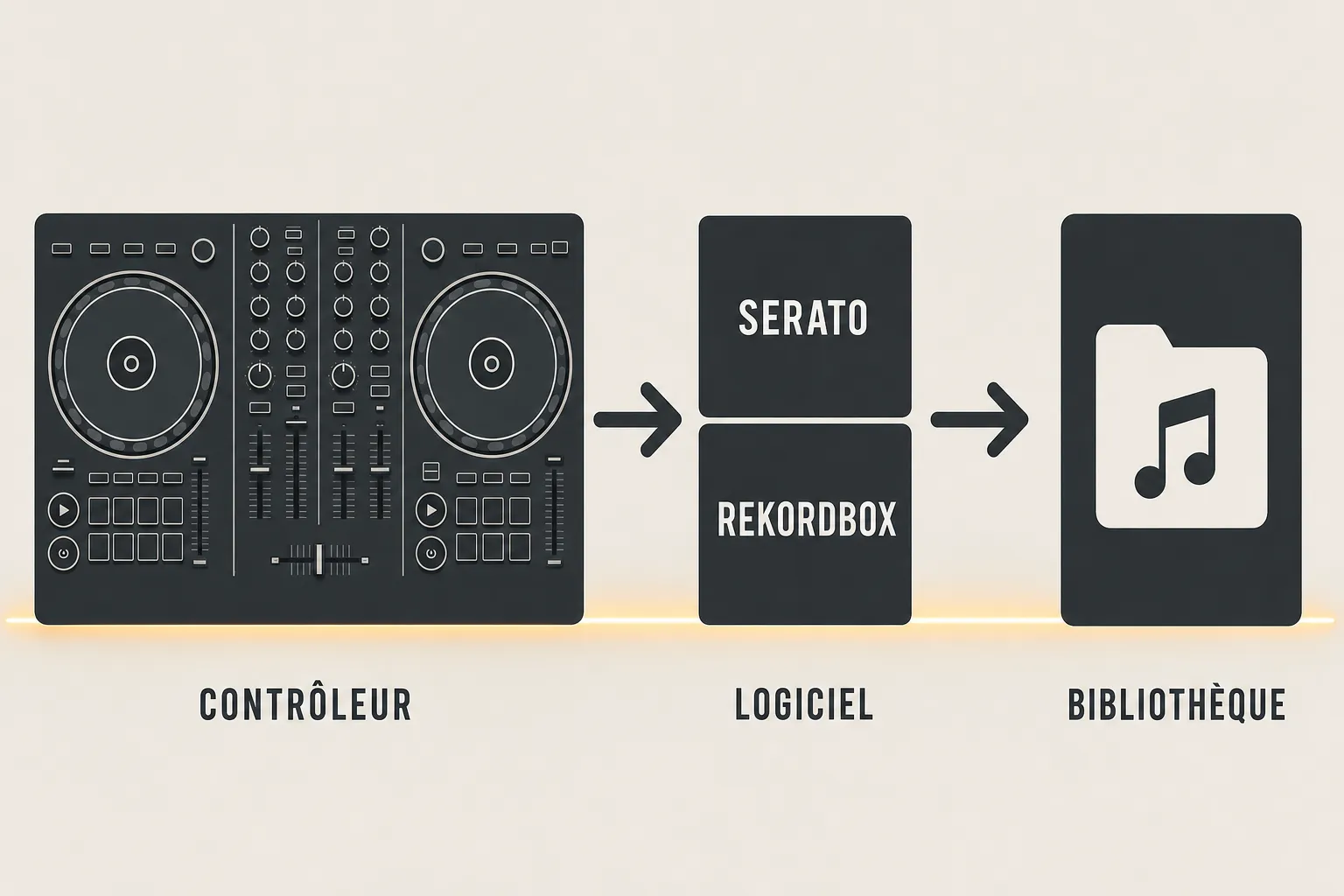 Contrôleur DJ débutant 2026 relié à Serato et Rekordbox, puis export vers bibliothèque musicale.