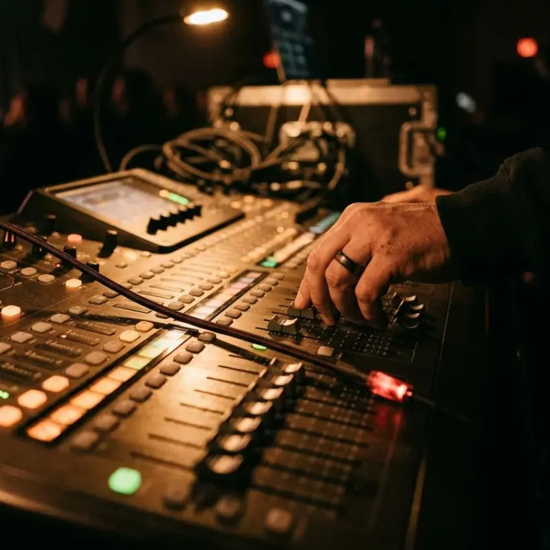 Contrôleur de mixage audio en action lors d'une installation son événement Bordeaux, avec câbles et éclairage sur scène.