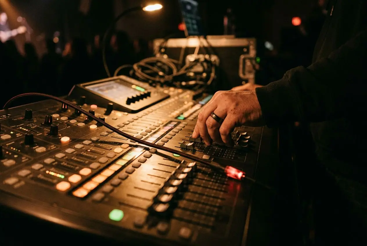 Contrôleur de mixage audio en action lors d'une installation son événement Bordeaux, avec câbles et éclairage sur scène.