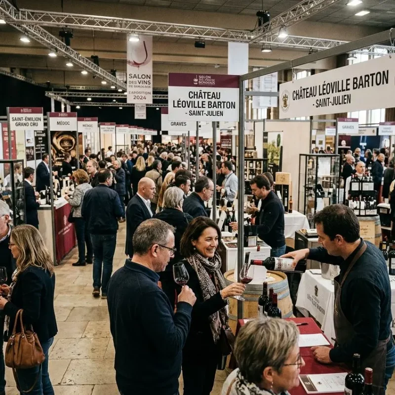 Grand salon professionnel à Bordeaux avec stands vitrines, visiteurs échangeant et dégustant du vin au milieu des exposants. Organiser un salon à bordeaux.