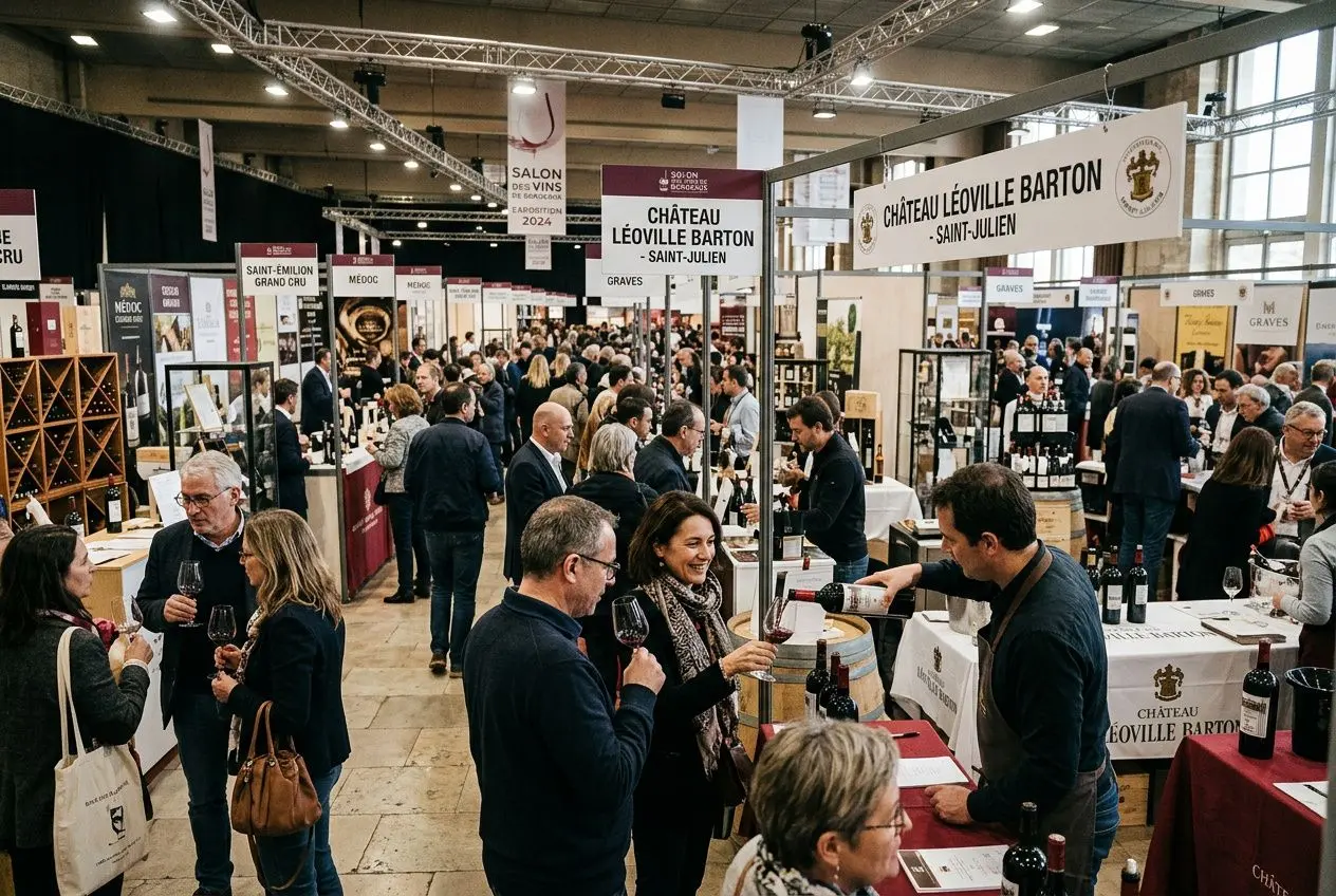 Grand salon professionnel à Bordeaux avec stands vitrines, visiteurs échangeant et dégustant du vin au milieu des exposants. Organiser un salon à bordeaux.